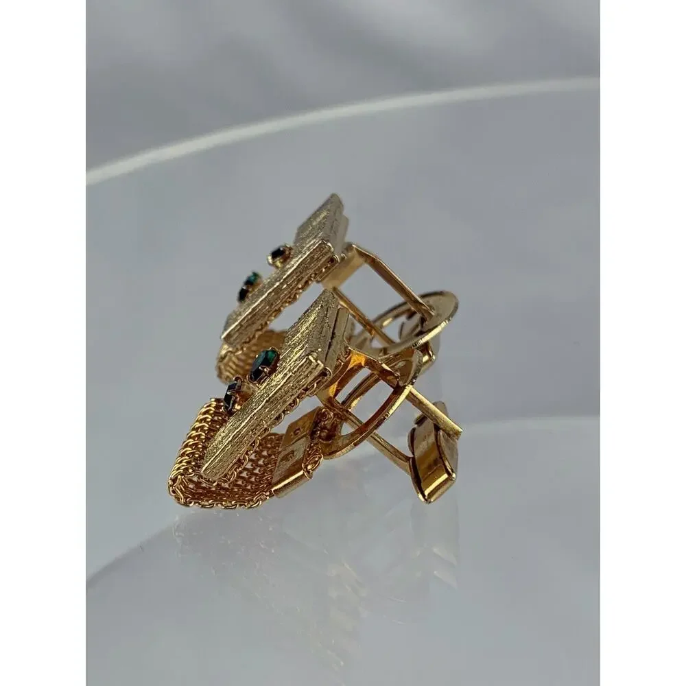 Modernist Block Green Rhinestones Gold Tone Mesh Wrap Cufflinks Vintage N1